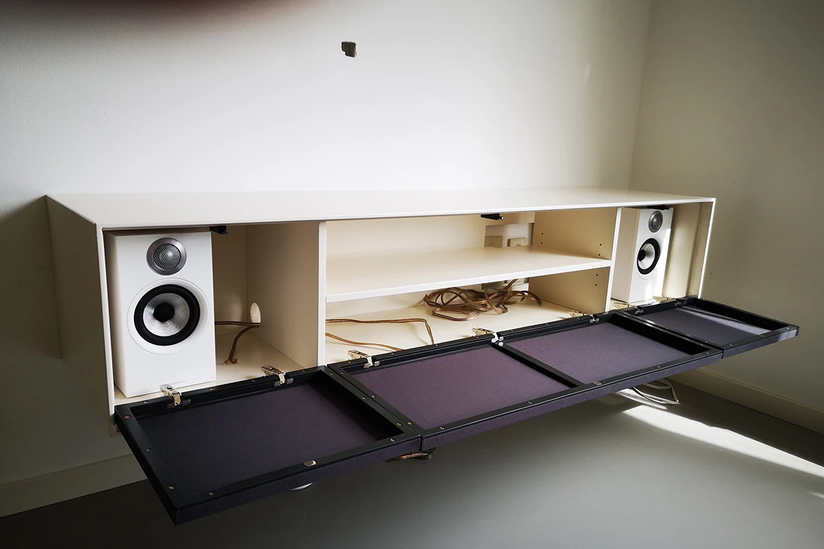 kast audio creme luidspreker doek zwart